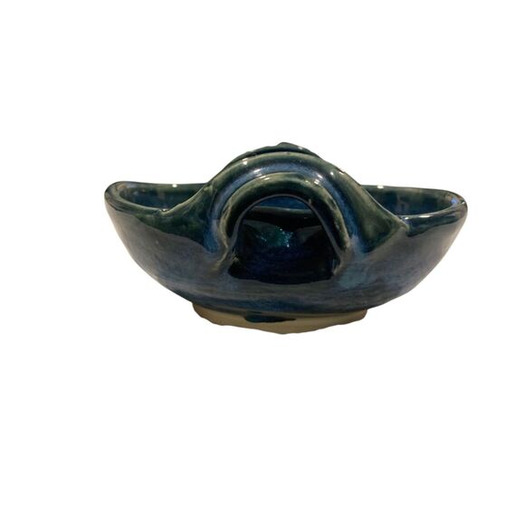 Hand Crafted Ceramic Bowl Blue Green Glaze with Handles Signed by Artist - Picture 3 of 11